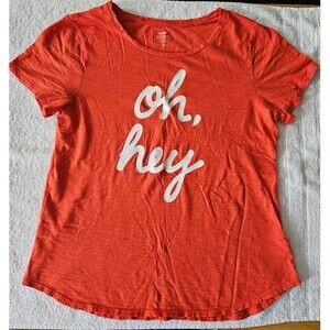 Women’s Old Navy Red‑Orange EveryWear Tee “Oh Hey” Casual Graphic Shirt